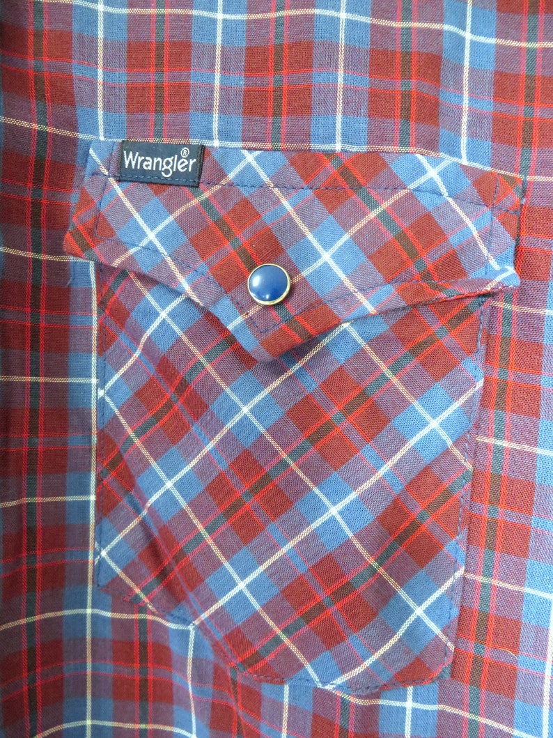 Blue Brick Red White Plaid Blue Snap Buttons Curved Hem 80s Western WRANGLER Tall Man Cowboy Shirt Size M Chest 44 Made in USA
