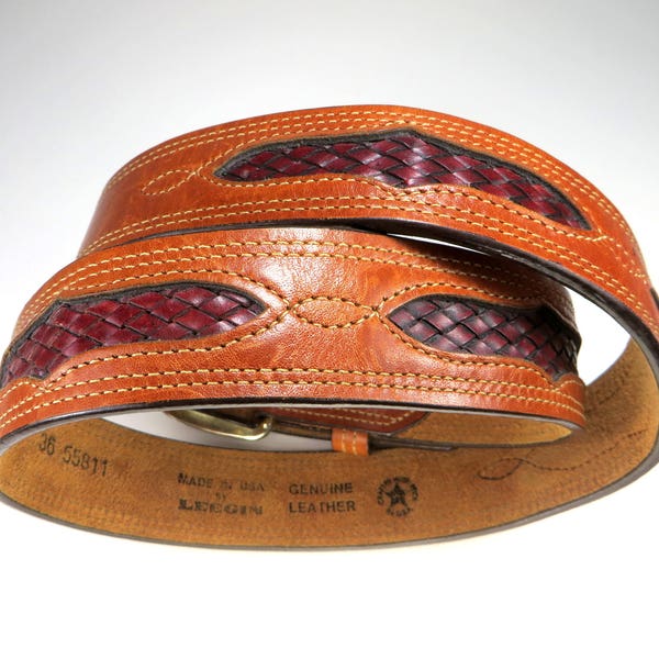 Vintage LEEGIN USA Inset Braided Leather Belt Cognac Saddle Tan Brown Two-Tone Fits 32 33 34 35 36 western unisex cowboy southwest hipster