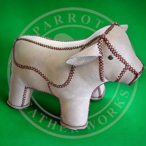 Handmade Leather Stuffed Gray Cow Toy - Premium Polyester Fiber Filled, 8.5" Tall, Artisan Office Decor