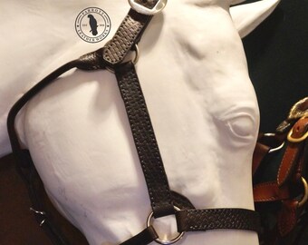 May include: A close-up of a dark brown leather horse halter with silver-coloured hardware. The halter has a woven texture on the straps and is displayed on a white horse head form. The Parrot Leather Works logo is visible.