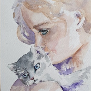 little girl hugging cat original watercolor, girl with cat painting, girl kissing cat wall art, sweet girl with pet wall art