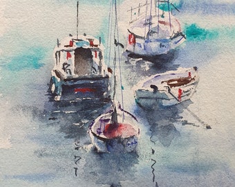 boats original watercolor, moored fishing boats painting, sailboat wall art, seascape with boats wall decor, nautical artwork gift