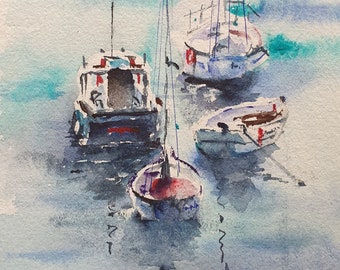 bateaux aquarelle originale, peinture de bateaux de pêche amarrés, art mural de voilier, paysage marin avec décor mural de bateaux, cadeau d’œuvre d’art nautique