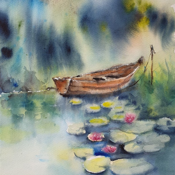 bateau dans les nénuphars peinture aquarelle d’étang, marécage avec bateau et œuvre d’art de nénuphars, rivière avec bateau et art mural aquatique, waterlilies