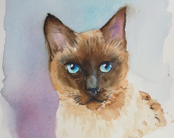 リンクスポイントシャム猫の肖像画 ウォールアートプリント 水彩画
