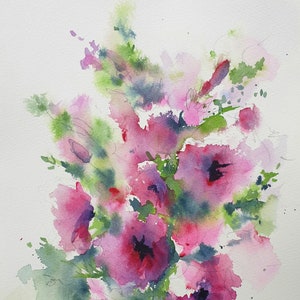 fiori rosa acquerello originale, mazzo di fiori pittura, opere d'arte bouquet di fiori, fiori dell'acquerello sciolto stile