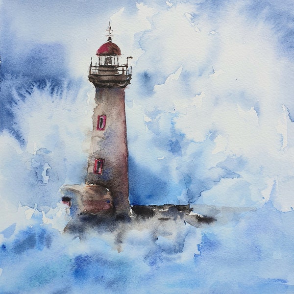Phare de Porto peinture à l’aquarelle originale, phare Portugal décoration intérieure, phare aquarelle, peinture de paysage marin11x8 pouces