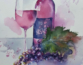 vin rouge aquarelle originale, verre à vin et bouteille Peinture originale, vin rouge raisins d’art, vin d’art cave, vin art cuisine décor