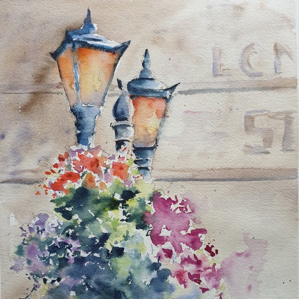 Straßenlampe mit Blumen Original Aquarell, irische Straßenlampe Blumen Malerei, Straßenlampe Wandkunst 11x9 Zoll