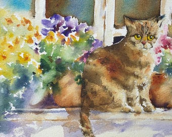 窓辺の猫 bx オリジナル水彩画 花が咲く窓辺の猫のアートワーク 猫の