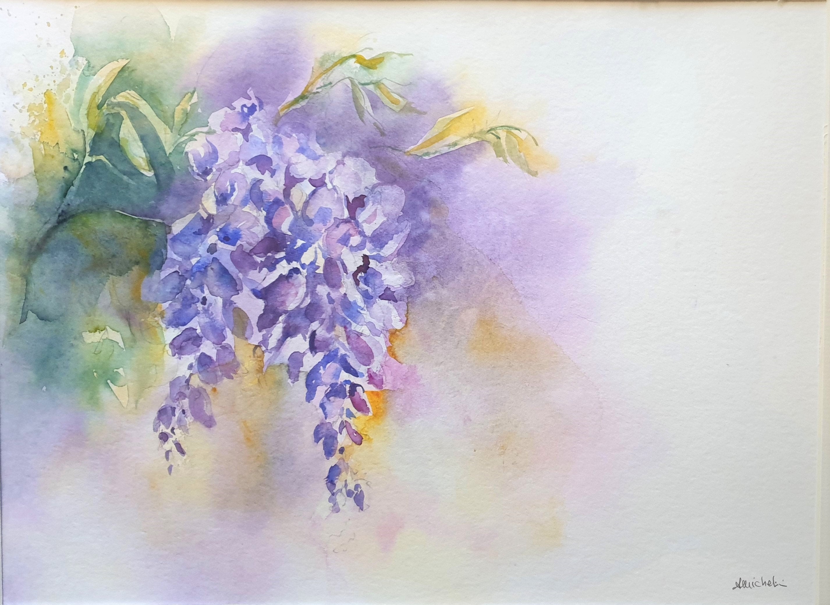藤の水彩画、藤のオリジナル水彩画、グリシンの花の絵、藤の壁