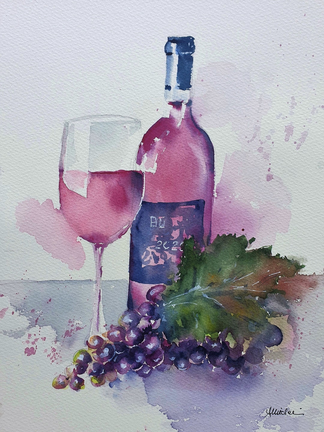 赤ワインのオリジナル水彩画、ワイングラスとボトルのオリジナル