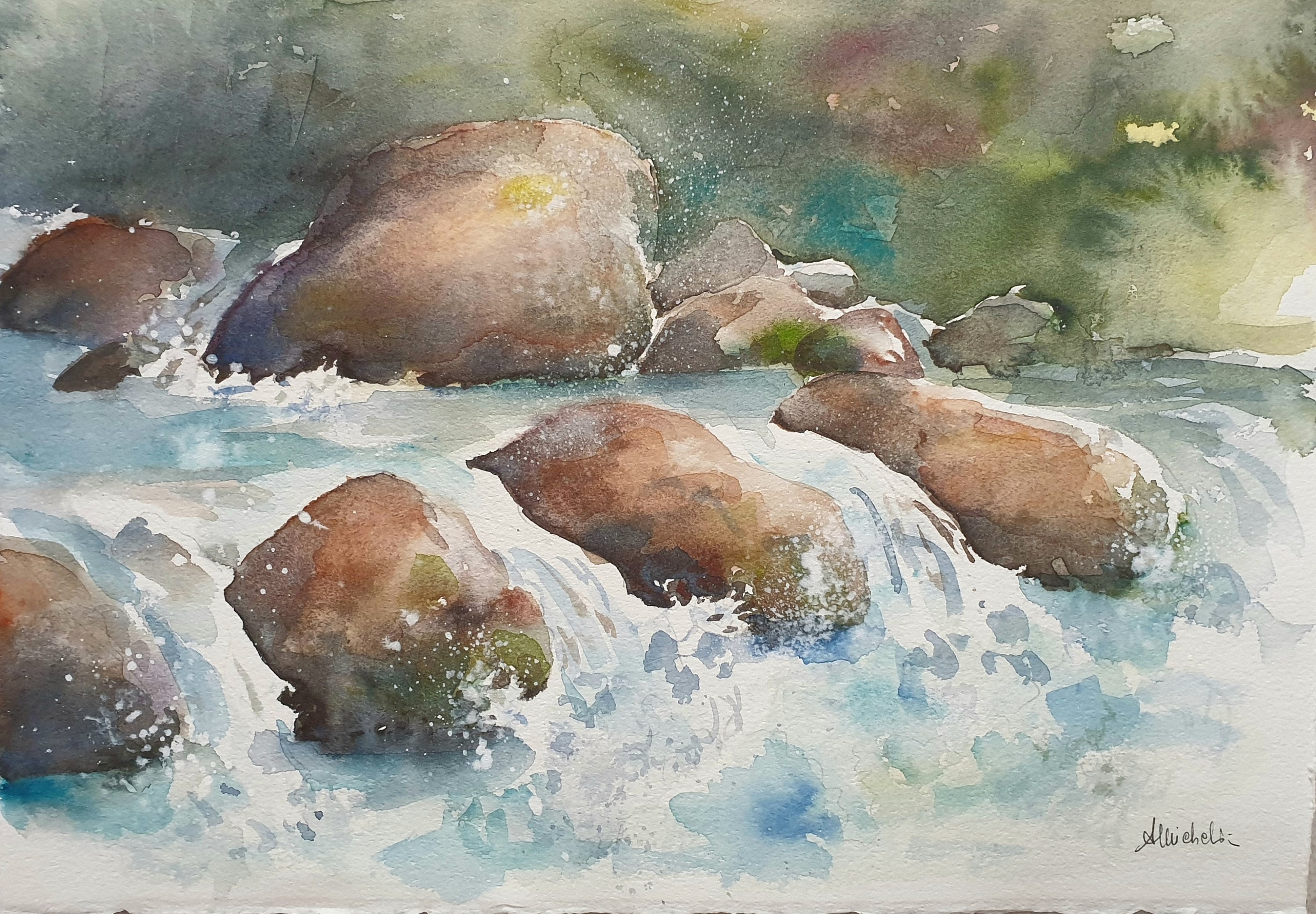 流水の水彩画、水の岩のオリジナル水彩画、岩の壁の装飾、小川の岩の 