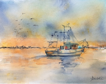 日没時の漁船オリジナル水彩画、ボートの絵、黄色オレンジ色のボートの