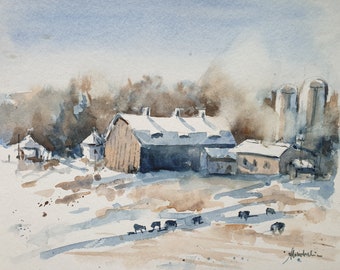 Cows farmhouse original watercolor Farmhouse winter landscape Cows landscape Barn painting Countryside  snow scene wall art