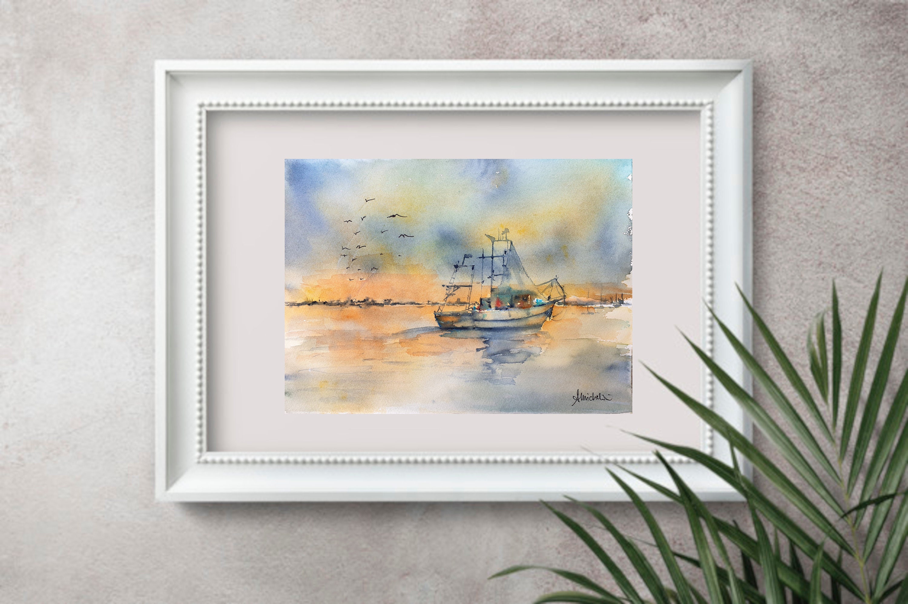 日没時の漁船オリジナル水彩画、ボートの絵、黄色オレンジ色のボートの