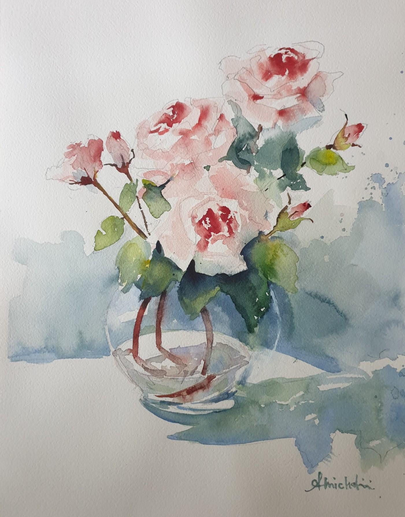 花瓶のバラ 油彩画 薔薇」（黄）F4 油彩画 絵画 静物画 油絵 美術品 原画 アート