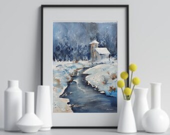冬の森のオリジナル水彩画 凍った川の絵 冬の川の風景の水彩画 氷の