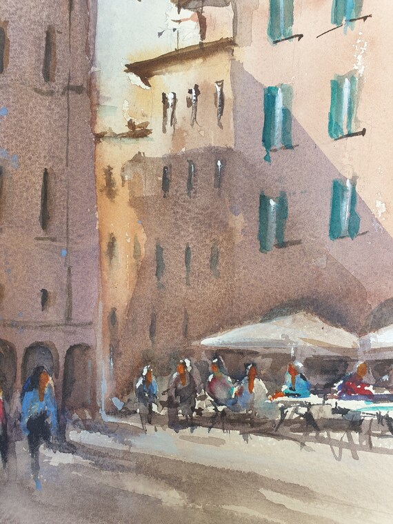 ローマの街並みのオリジナル水彩画、ローマのレストランの街並み