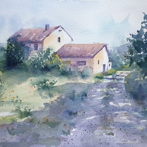 farmhouse watercolor painting, barn sunset art, rural landscape painting, rustic farm sunset original painting, countryside farm, grange art