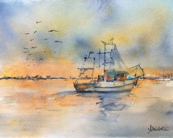 bateau de pêche au coucher du soleil aquarelle originale, peinture de bateau, coucher de soleil de bateau orange jaune, décor d’art mural de paysage marin de coucher de soleil 10.9 « x14.5 »