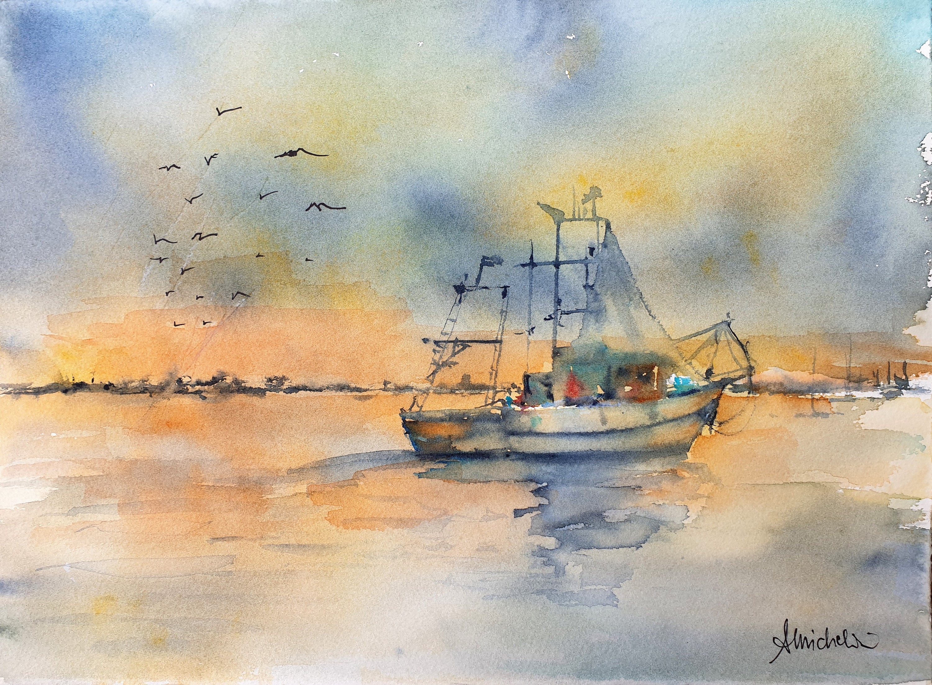 日没時の漁船オリジナル水彩画、ボートの絵、黄色オレンジ色のボートの