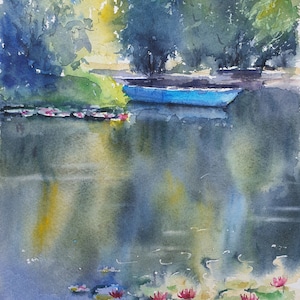boat and waterlily painting, lilies pond original watercolor, Monet Giverny pond inspiration, monet garden wall decor, water lily ponr art
