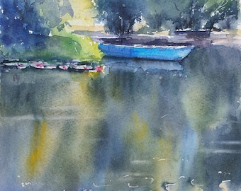 Gerahmtes Aquarell von M. Marten, „Lichter im Teich“ – „Luci