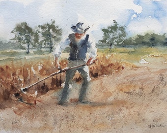 Farmer Working Fields Painting, Wheat Field Original Watercolor