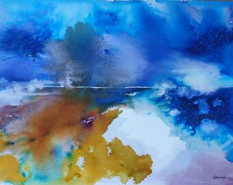 blue abstract seascape painting, blue seascape original painting, deep blue sea storm painting , watercolor ink painting 13x19 inches