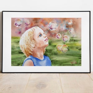 little girl soap bubbles watercolor, soap bubbles original painting, blowing soap artwork, countryside baby girl art, nursery wall decor image 2
