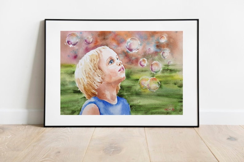 little girl soap bubbles watercolor, soap bubbles original painting, blowing soap artwork, countryside baby girl art, nursery wall decor image 2