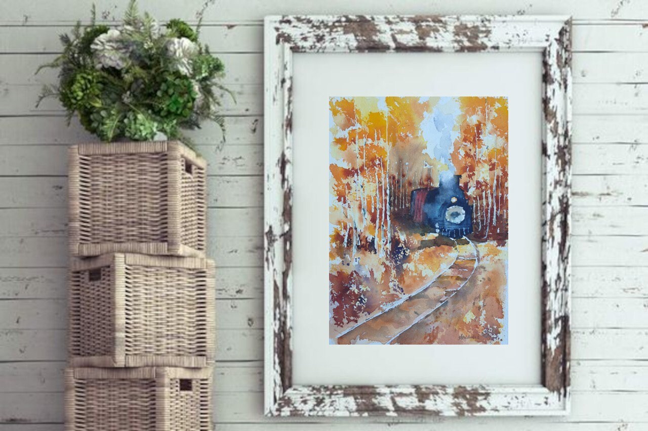 秋の蒸気機関車 オリジナル水彩画 秋の水彩画風景 蒸気機関車の風景 森