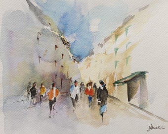 street city life original watercolor painting, urban cityscape painting, people on a city street art