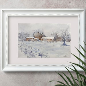 snow village landscape original watercolor, white Christmas painting gift, snow scene wall art, snowy landscape home decor size 7.5x13 inch