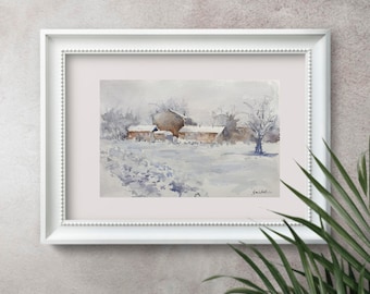 snow village landscape original watercolor, white Christmas painting gift, snow scene wall art, snowy landscape home decor size 7.5x13 inch