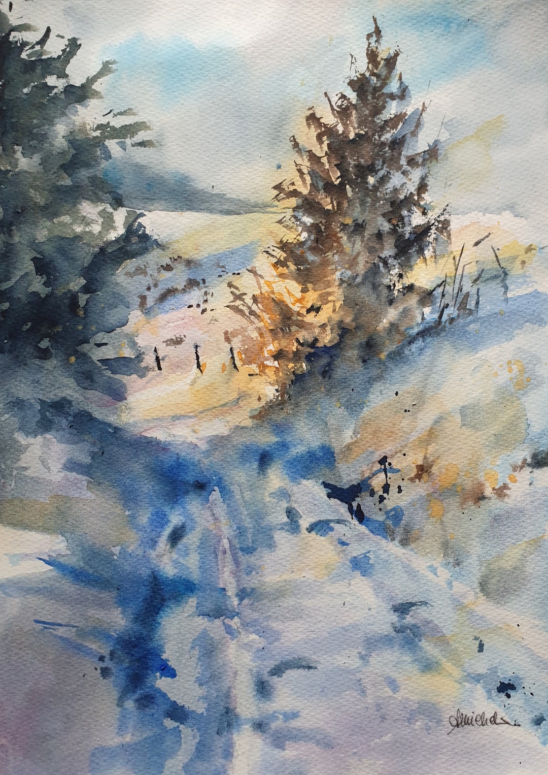 冬の道オリジナル水彩画冬の風景画雪の道の風景雪景色田舎の冬の風景の