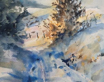 冬の道オリジナル水彩画冬の風景画雪の道の風景雪景色田舎の冬の