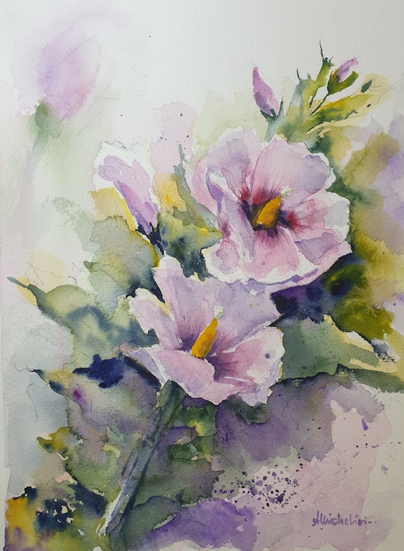 ハイビスカスの花のオリジナル水彩画、ピンクの花の絵、庭の花の壁掛け