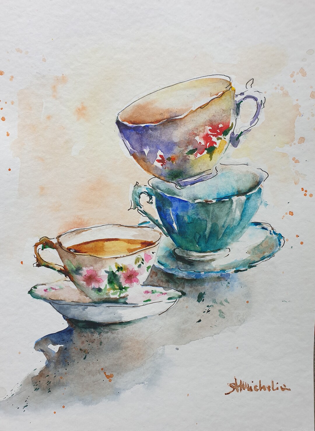 Teacups Original Watercolor Painting, Tea Cups Tower Kitchen Wall Decor