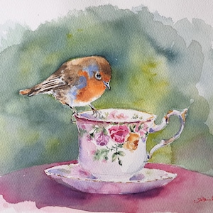 Pettirosso su tazza da tè acquerello originale Pettirosso appollaiato su tazza di porcellana opera d'arte Uccello su una tazza da tè con rose Dipinto su tazza da tè Royal Albert Arte del pettirosso