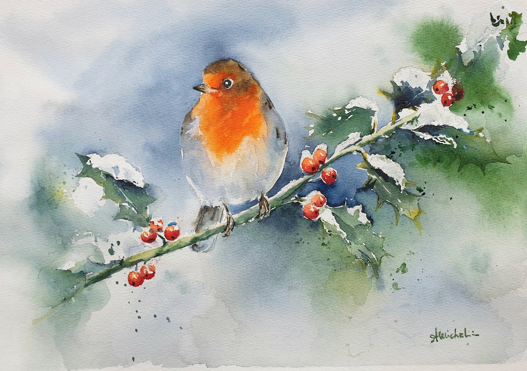 Winter Robin Bird Original Watercolor Robin on Holly Berries Art Winter