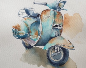 May include: Watercolor painting of a vintage Vespa scooter in shades of blue and brown. The scooter has a weathered, rusty appearance, with the word "Vespa" visible on the side. The license plate reads "H8573VY".
