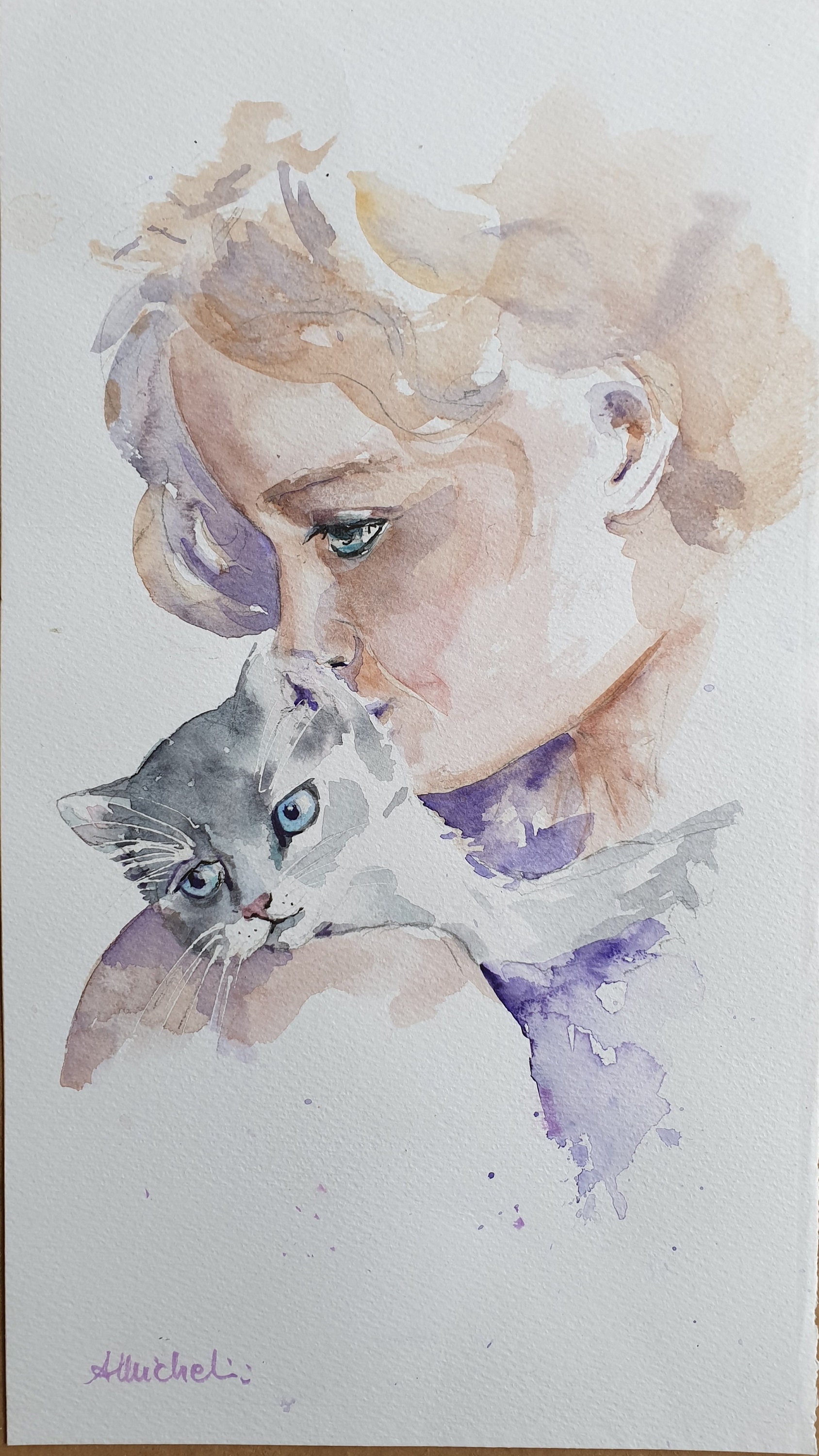 猫を抱きしめる少女のオリジナル水彩画、猫を抱く少女の絵画、猫にキス