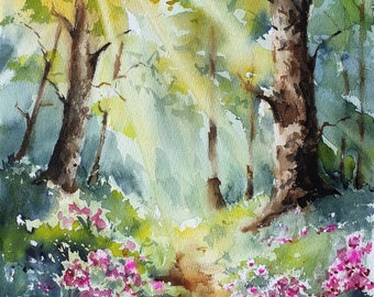 春の森のオリジナル水彩画、花と木々のある下草、自然風景の壁画、森の