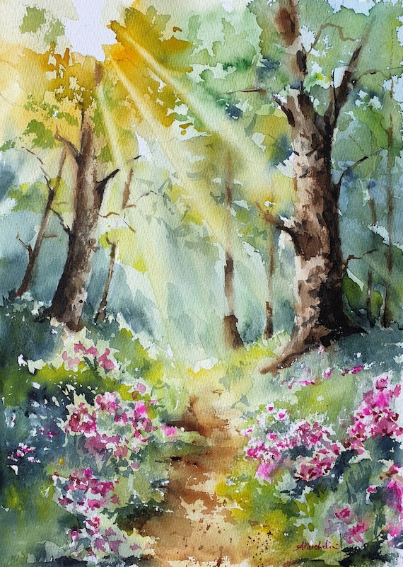 春の森のオリジナル水彩画、花と木々のある下草、自然風景の壁画、森の