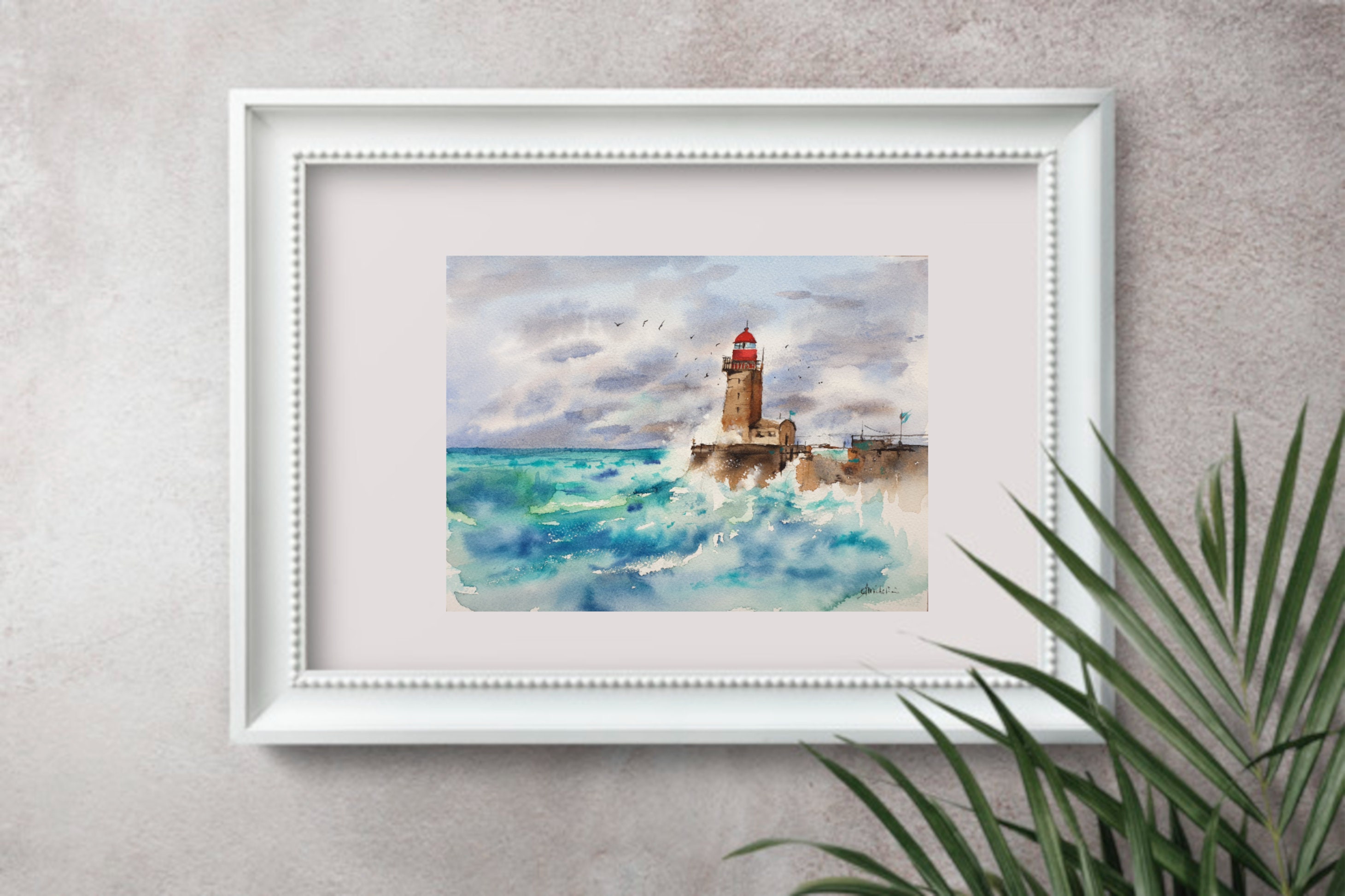 フェカン灯台のオリジナル水彩画、嵐の海に浮かぶ灯台、フランスの灯台