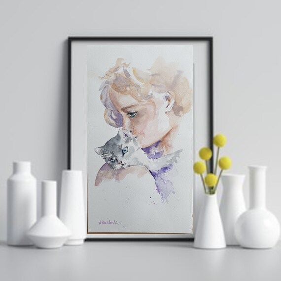 猫を抱きしめる少女のオリジナル水彩画、猫を抱く少女の絵画、猫にキス