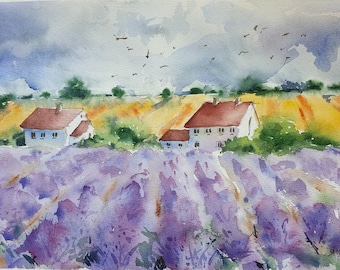Lavender landscape original watercolor, lavender fields painting, original LAVENDER watercolor, lavender field wall art, lavender artwork