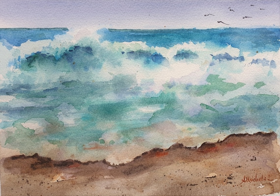 海の波のオリジナル水彩画、海の景色の壁飾り、砕ける波の水彩画、航海